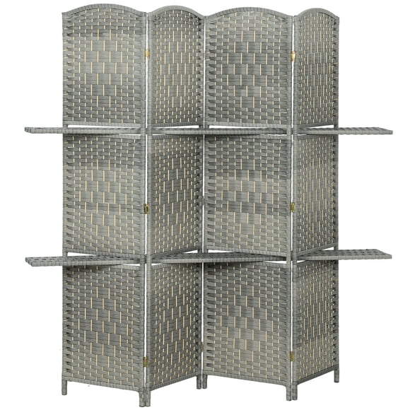 6ft Grey 4-Panel Room Divider with Shelves | Privacy Screen for Living Room, Bedroom & Home Office | Foldable Storage Partition (70.9" H)