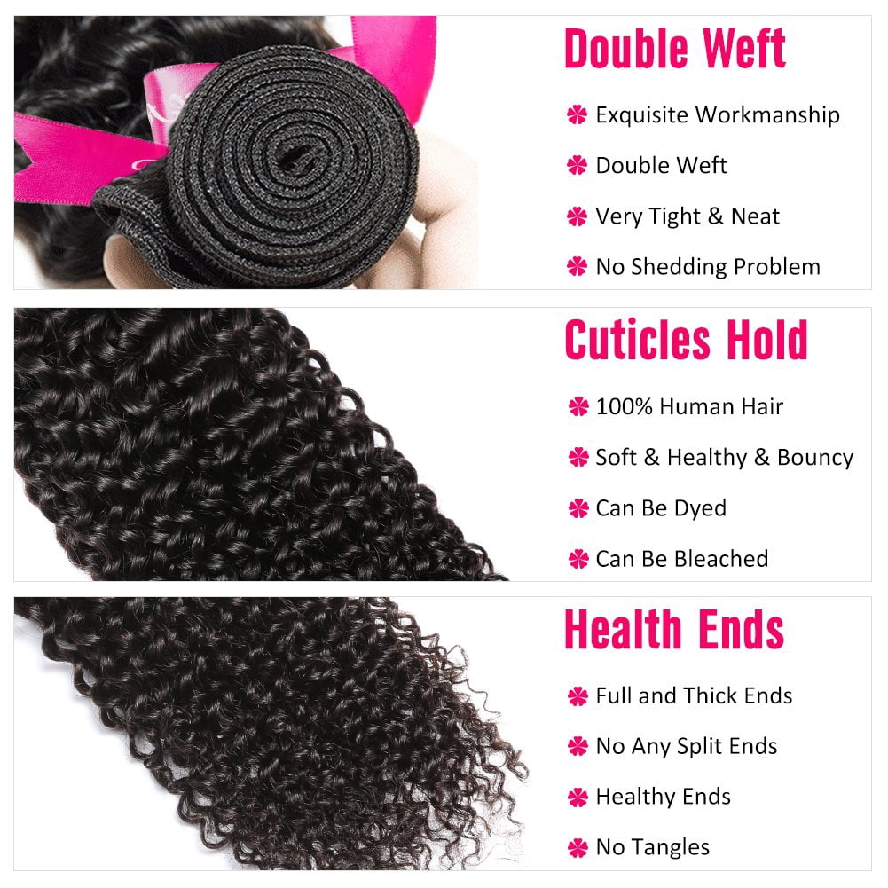 Premium Kinky Curly Human Hair 3 Bundles with 4x4 Lace Closure 100 Gram Each Bundle Thick End