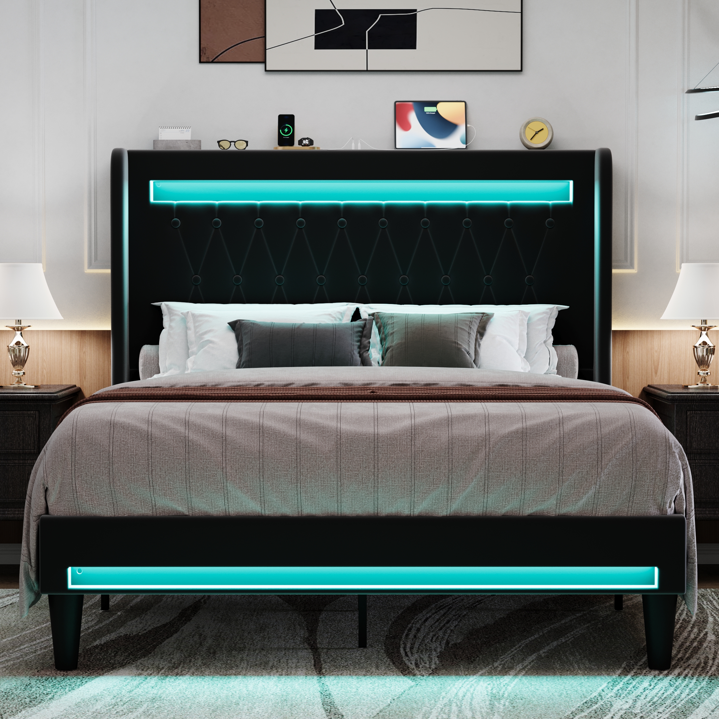 Amolife Queen Size LED Bed Frame, Upholstered Velvet Platfrom Bed with Charging Station, High Wingback Headboard & 2 Lights, No Box Spring Needed, 900 LBS Capacity, Black