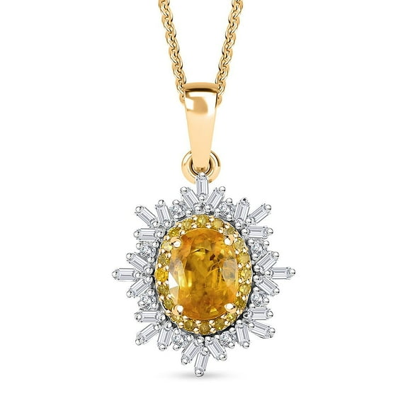 Yellow Sapphire White Diamond  925 Sterling Silver 18K Vermeil Yellow Gold Plated Pendant Necklace for Women Jewelry Birthday Christmas Gifts Size 20" Ct 1.21