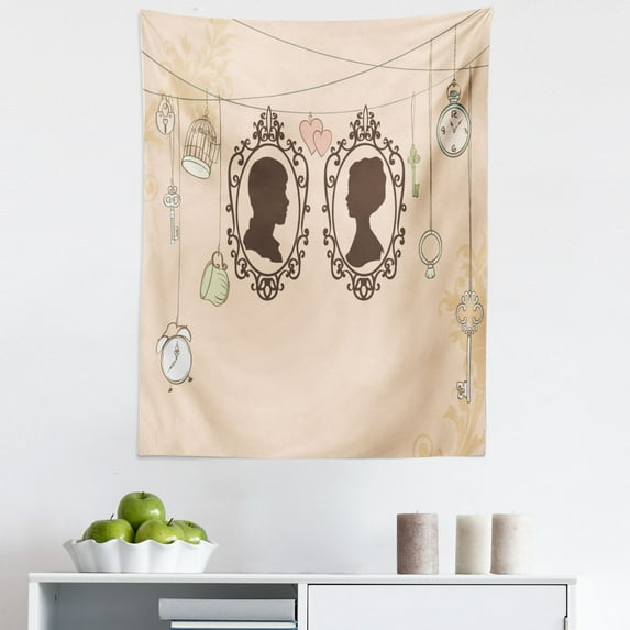 Pale Pink Tapestry, Vintage Silhouette Frames Married Couple French Style Design Happiness, Fabric Wall Hanging Decor for Bedroom Living Room Dorm, 5 Sizes, Pale Pink Dark Brown, by Ambesonne