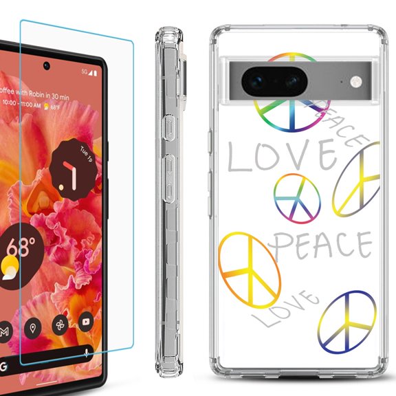 Shockproof Bumper Phone Case for Google Pixel 7, with Tempered Glass Screen Protector, by OneToughShield ® - Love/Peace