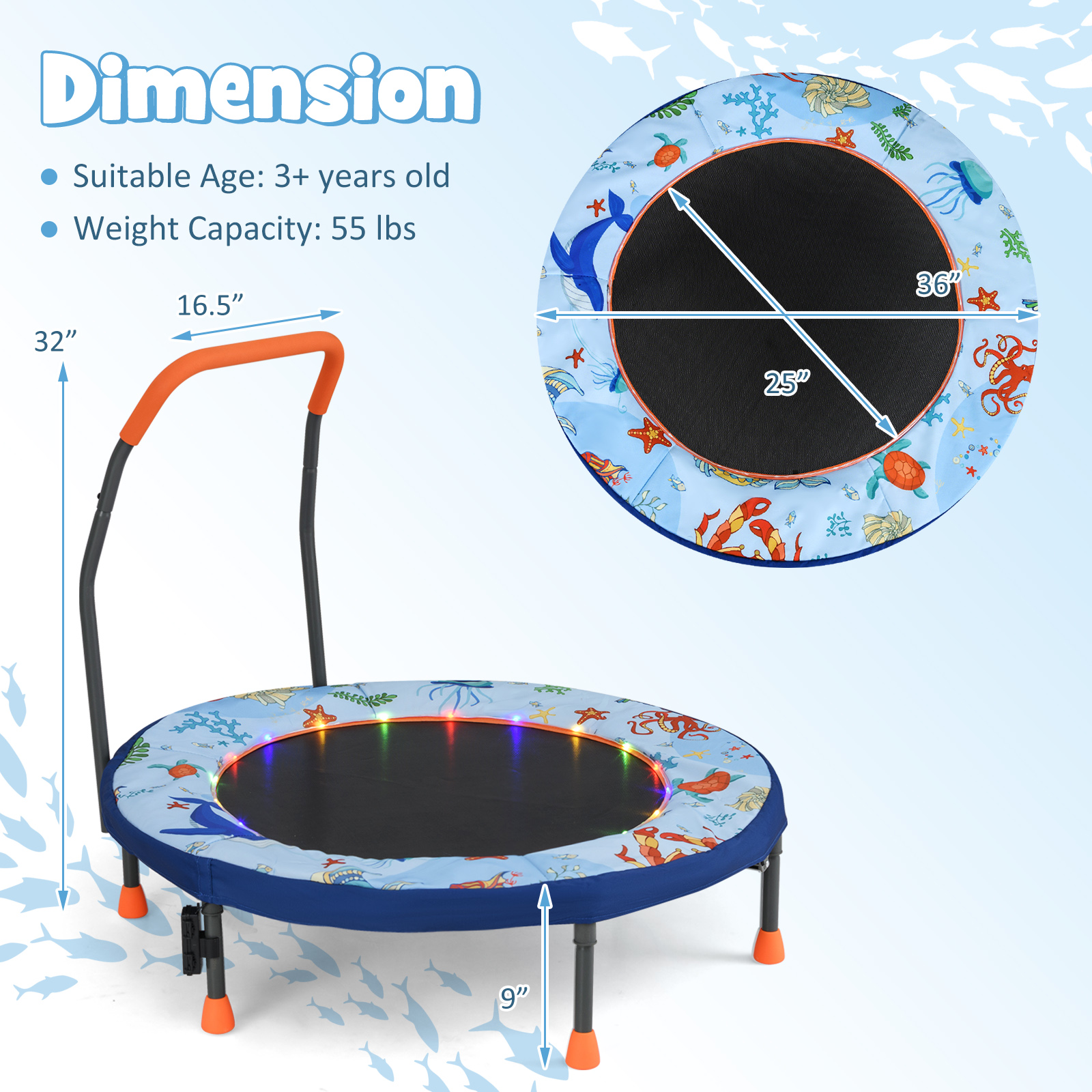 Gymax 36'' Foldable Kid Trampoline w/ 20 LED Lights Foam Handlebar Padded Safety Cover Blue