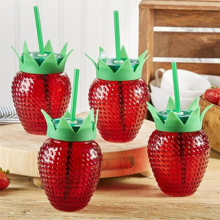 Two's Company Strawberry Glasses With Lids and Straws, Set of 4