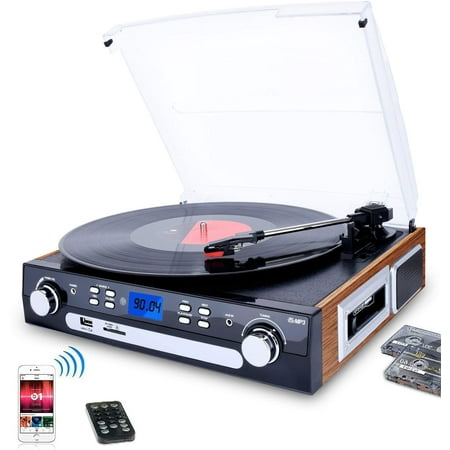 DIGITNOW! Bluetooth Record Player with Stereo Speakers, Turntable for Vinyl to MP3 with Cassette Play, AM/FM Radio, Remote Control, USB/SD Encoding, 3.5mm Music Output