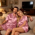 thumbnail image 7 of （Mens） Lightweight Summer Couple Satin Silk Button Down Short Sleeve Top Casual Shorts Matching His Hers Outfit Purple Pink L, 7 of 7
