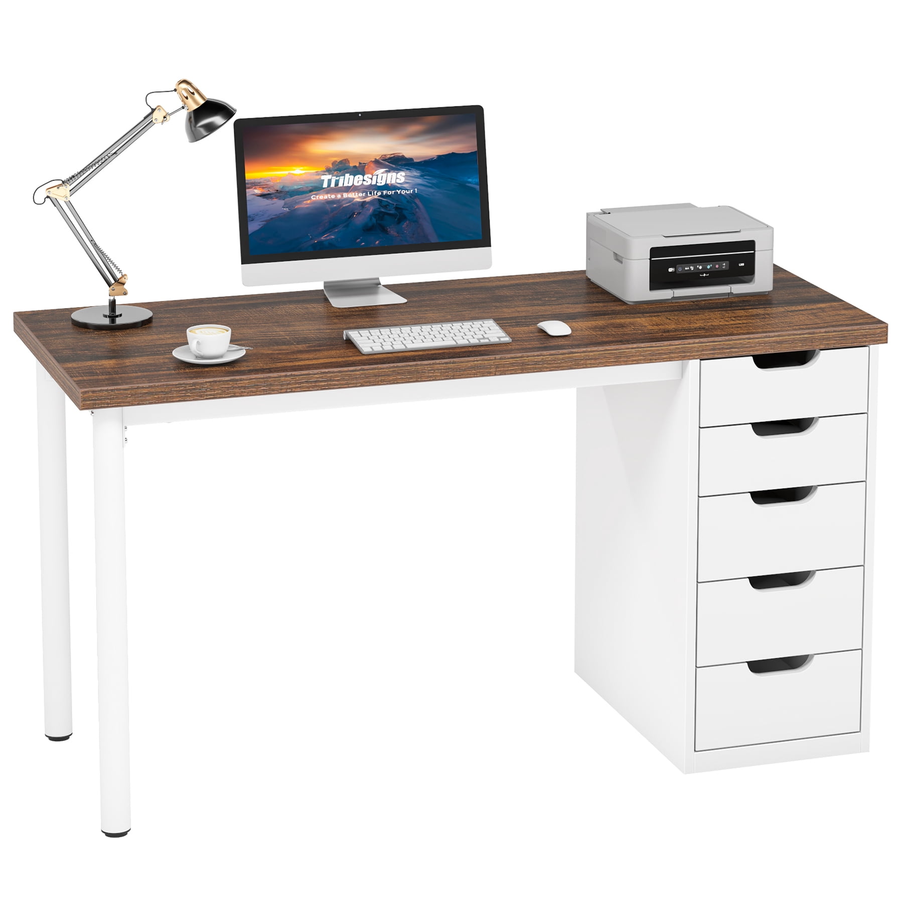 Fnova 47.24" Computer Desk with 5 Drawers, Reversible File Cabinet, Writing Workstation for Home Office Bedroom Study Makeup Vanity Desk Furniture