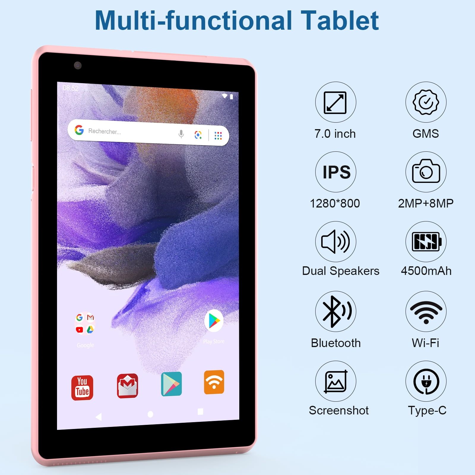 Tablet 7 inch Android 12.0 Tablet, 4GB+32GB ROM （1TB Expand）, Quad-Core, WiFi, GMS, Dual Camera, Educational, Games Pink