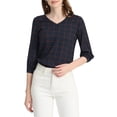 thumbnail image 1 of INSPIRE CHIC Women's Half Sleeve Plaid Button Cuff Puff Sleeve V Neck Blouse S Dark Blue, 1 of 6
