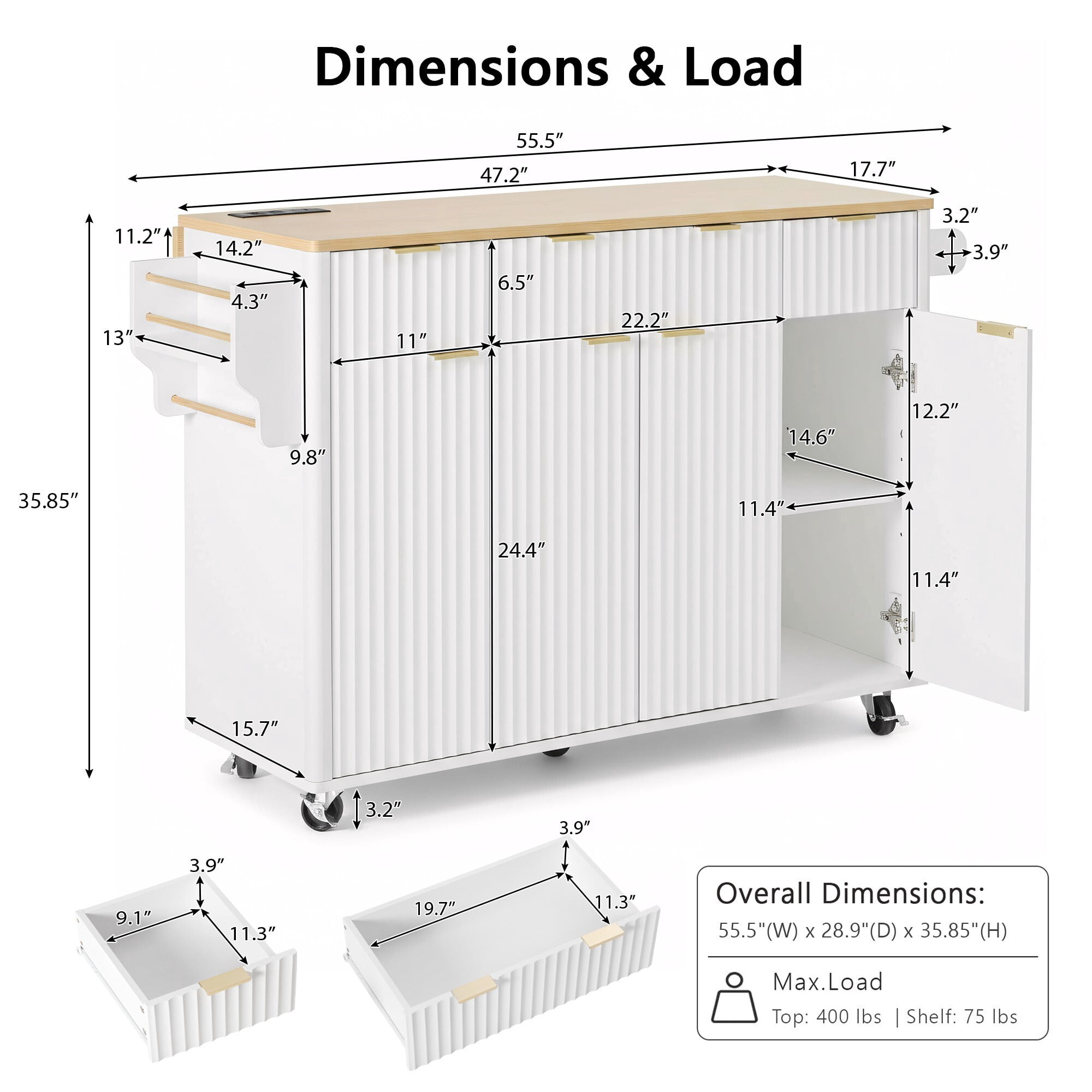AENKYO 55" Fluted Kitchen Island with Drop Leaf & Power Outlet, Rolling Storage Cart with 3 Drawers, White