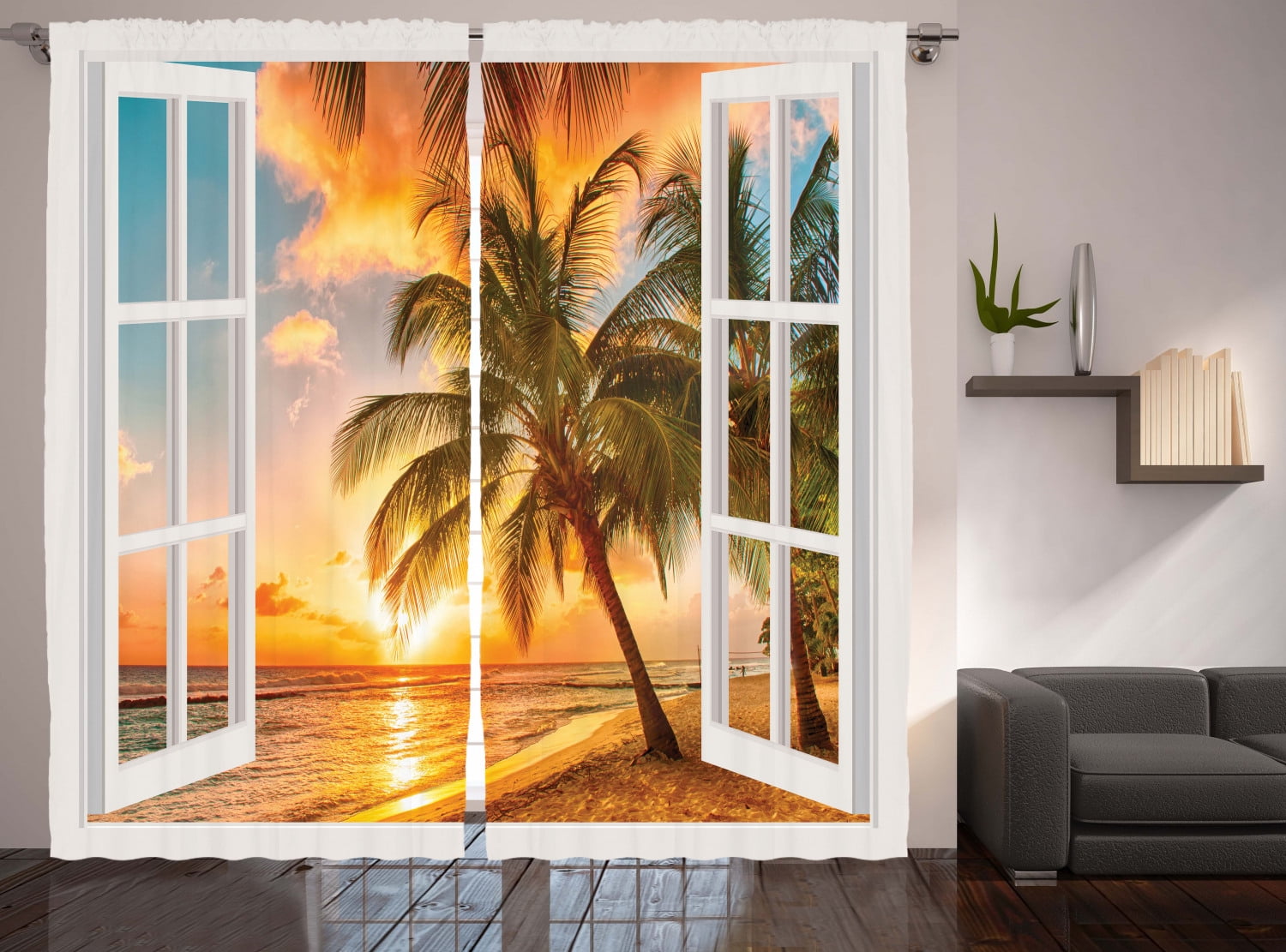-Sunset Seaside Palm Tree Scenery 2 Panels Set 3D Fabric Window Curtain Drapes 