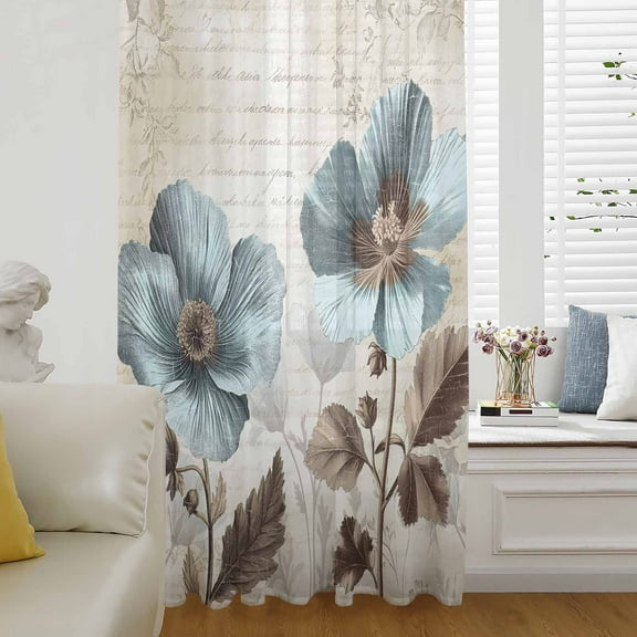 Spring Floral Semi Sheer Curtains Drapes for Living Room, Bedroom, French Doors Window 72 Inches Long, Teal Tulip Vintage Botanical Summer Rod Pocket Chiffon Curtain Drapery Voile Draperies Panel