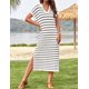 thumbnail image 3 of Vestido largo a rayas de verano para mujer 2024, manga corta informal, cuello en V, abertura lateral de punto suelta, 3 of 5