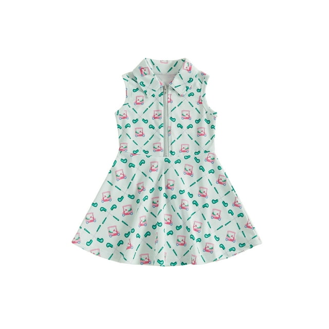 Argulvti Robe d'Été Trapèze pour Petites Filles Sans Manches à Col Rabattu à Fermeture Éclair Robe de Golf à Imprimé