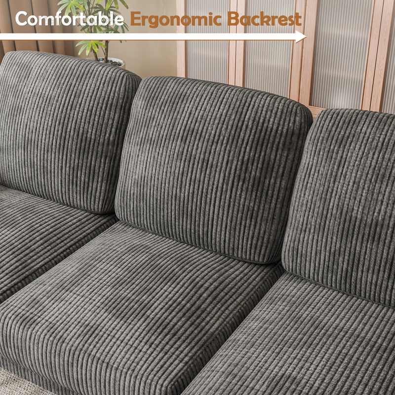 Lacoo 3 Seat Sectional Sofa L-Shaped Couch with Reversible Ottoman Convertible Cloud Couch for Living Room,Corduroy Gray