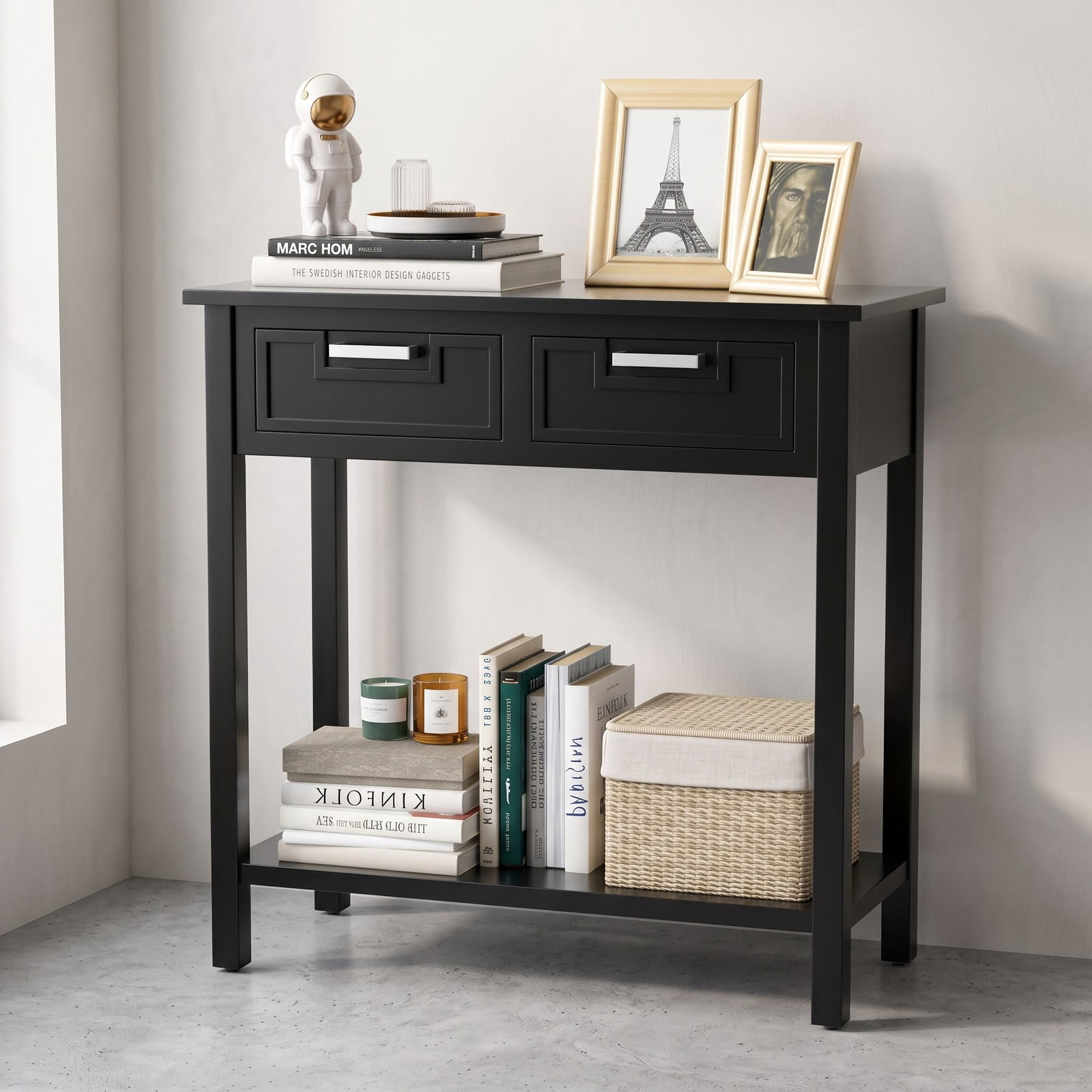 Furnibear Narrow Console Table with 2 Drawers and Open Storage Shelf and Solid Wood Legs for Small Entryway and Foyer, Black