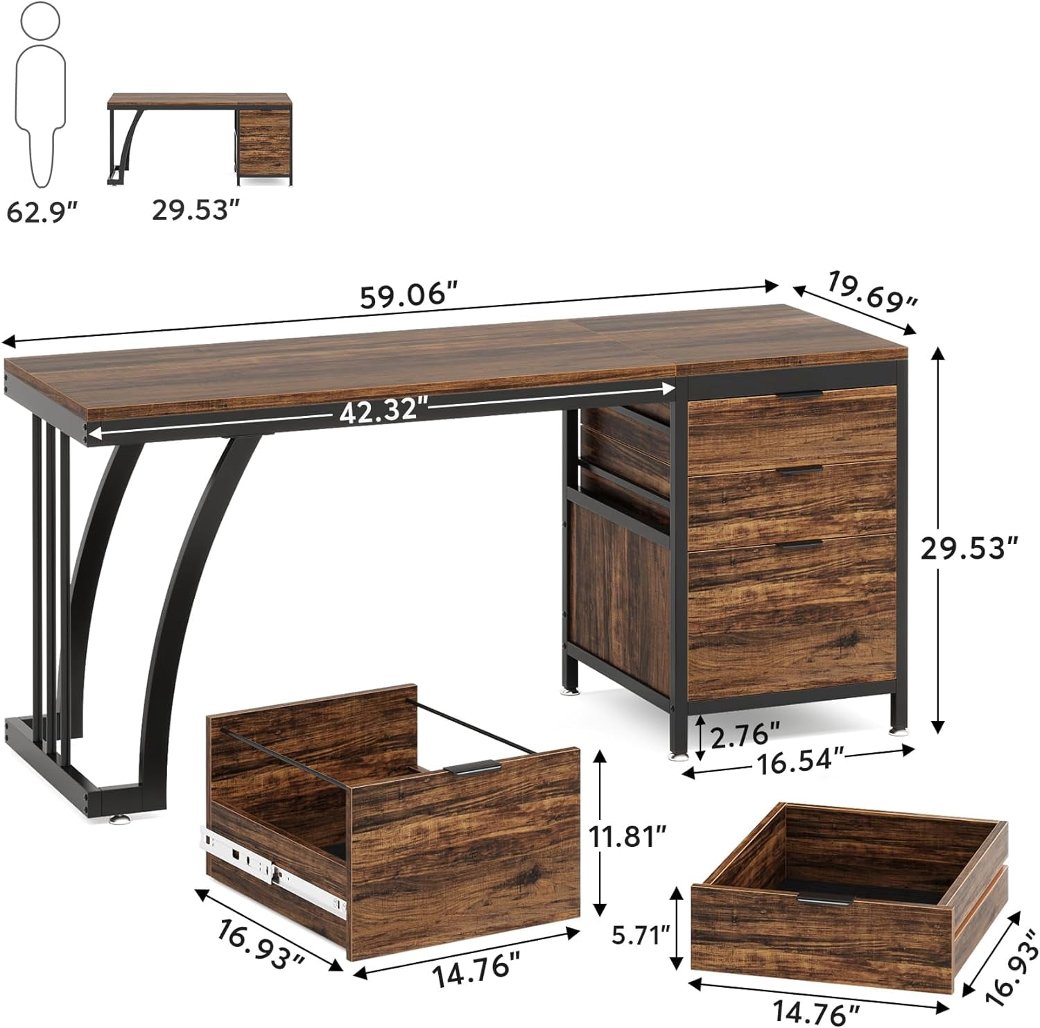 Tribesigns 59 Inch Computer Desk with 3 Drawers, Brown Industrial PC Desk with File Storage