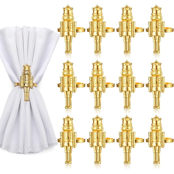 12 Pcs Christmas Nutcracker Napkin Rings, Gold Metal Napkin Holders Christmas Soldier Buckle for Xmas Holiday Table Setting Wedding Vintage Party Decoration(Classic)