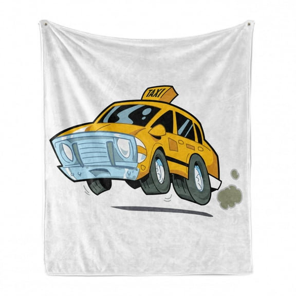 New York Taxi Soft Flannel Fleece Throw Blanket, Cartoon Illustration of Cab in a Rush Image on Plain Backdrop, Cozy Plush for Indoor and Outdoor Use, 50" x 60", White and Earth Yellow, by Ambesonne