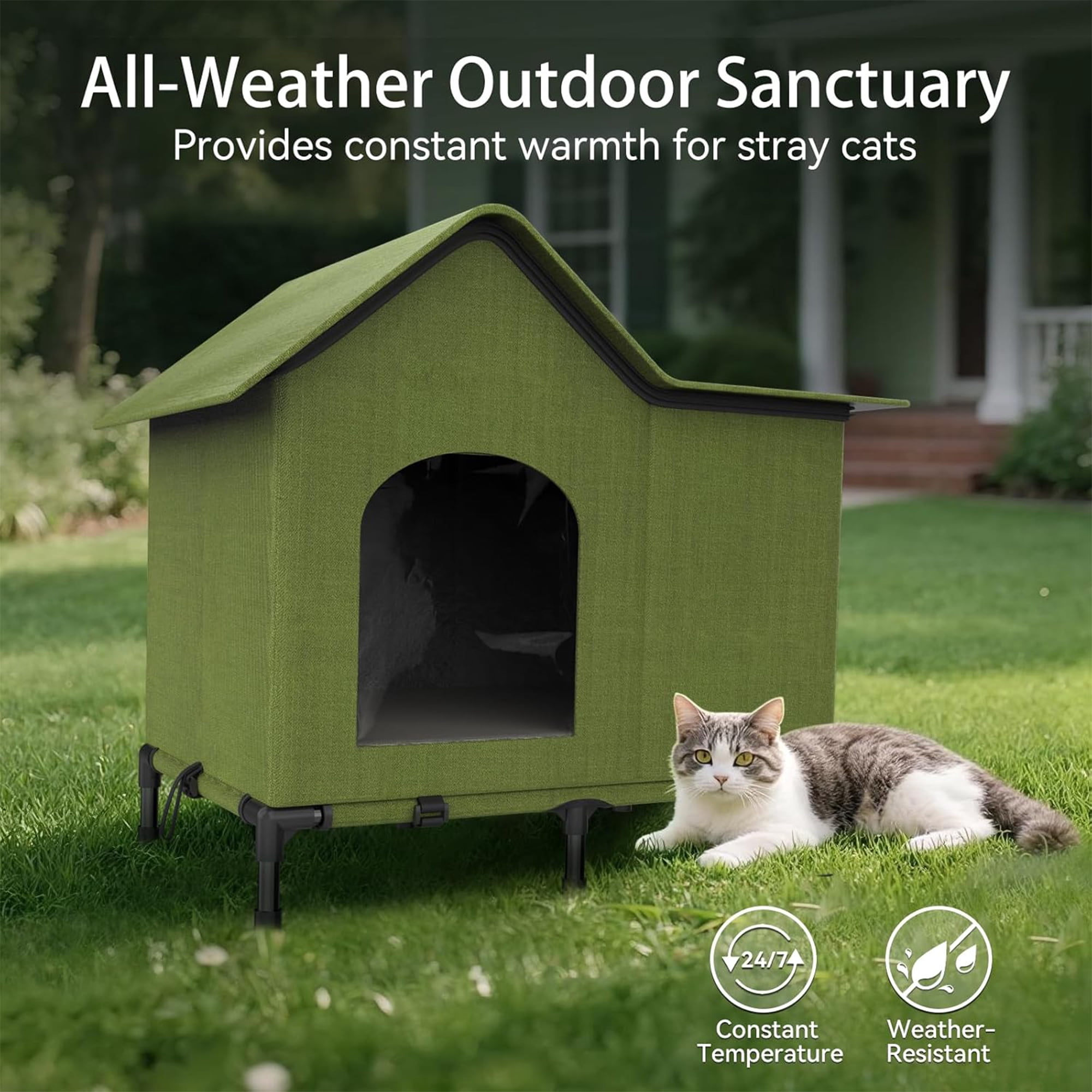 Heated Outdoor Cat House Weatherproof with Heating Pad, Heated Cats House for Outside, Insulated Feral Cat Houses for Outdoor Cats with Safe Escape Door, Elevated Outside Stray Cats Shelter