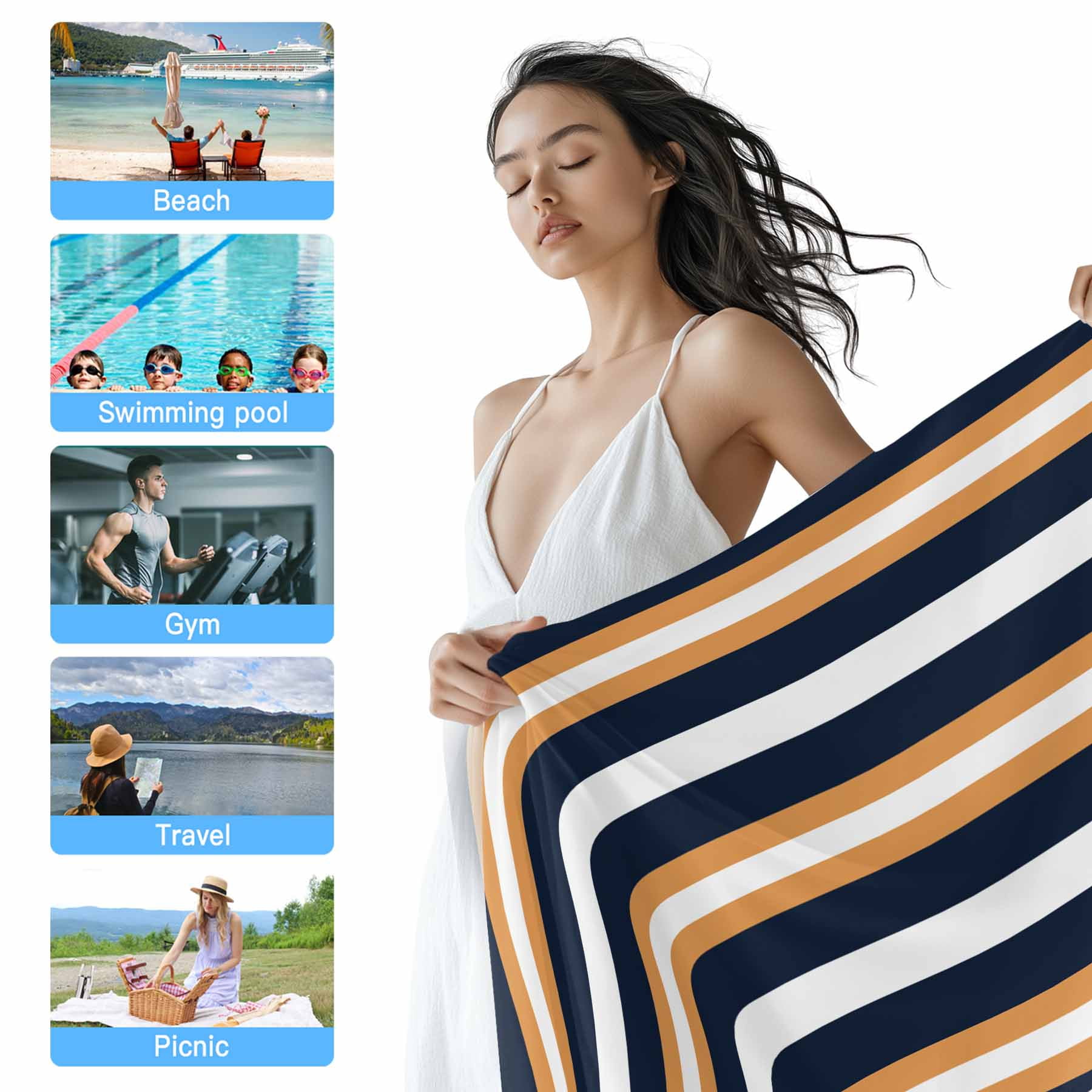 Beach Towel Navy Blue Stripes Bath Pool Towels Orange Striped Absorbent Beach Towel Soft Large Quick Dry Lightweight Camping Travel Sports Yoga Gym Swim Towels for Adult 30x60 Inch