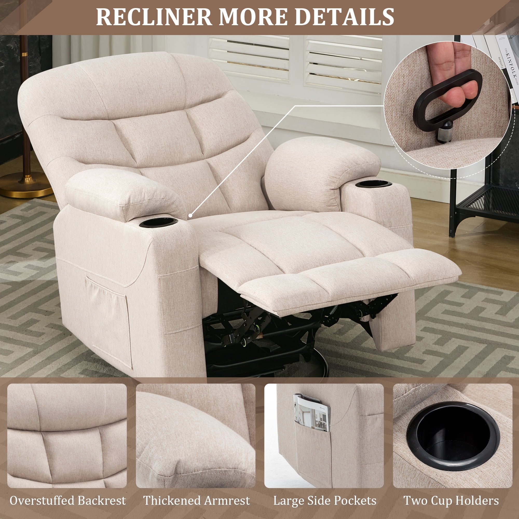 KCREAM Swivel Recliner Chair With Massage & Heat - Overstuffed Beige Rocker Recliner For Living Room