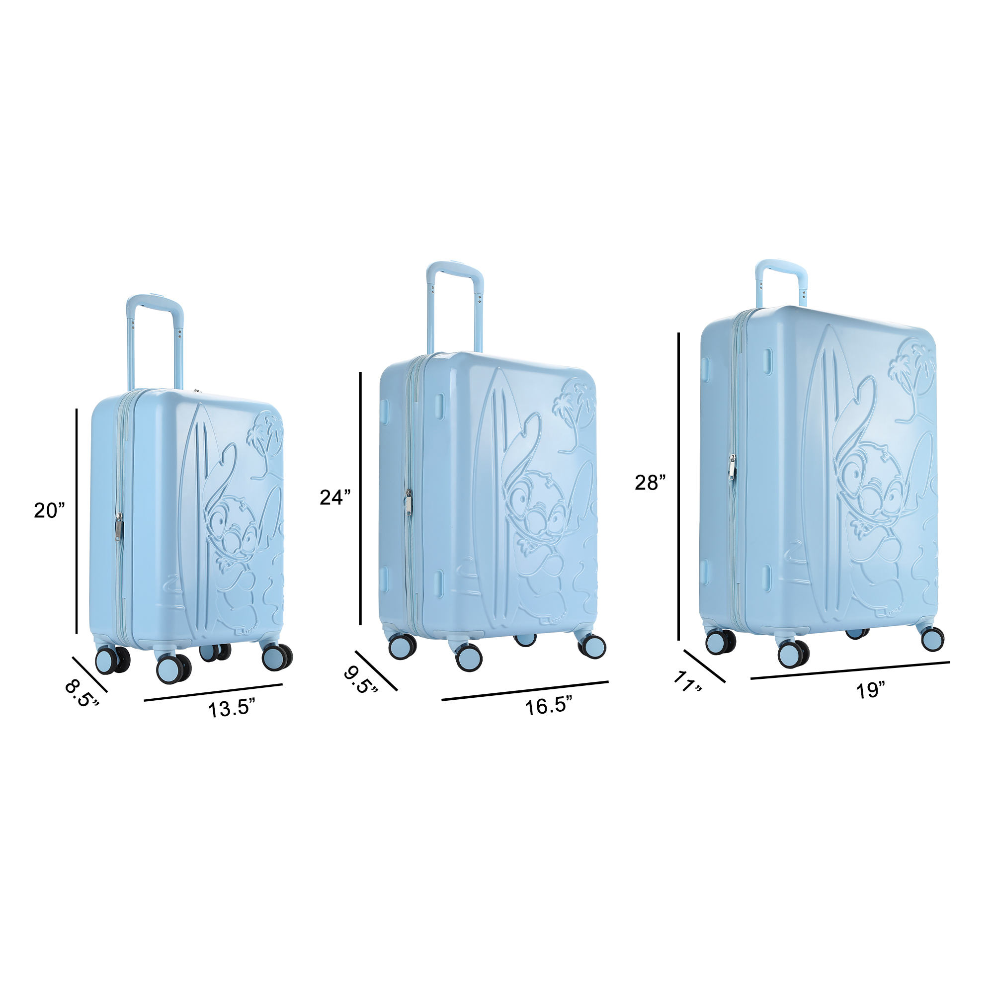 Disney Lilo & Stitch 3-Piece Hard Shell Luggage Set for Adults | 20" 24" 28" Rolling Suitcases with Spinner Wheels Telescopic Handle & Durable ABS Design Official Disney Travel Set from Bioworld