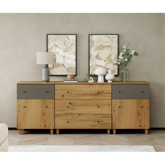 WAMPAT Wood Dresser with 5 Drawers and 2 Cabinets for Bedroom, Modern Chest of Drawer, 83" Wide, Oak Brown Wood Finish