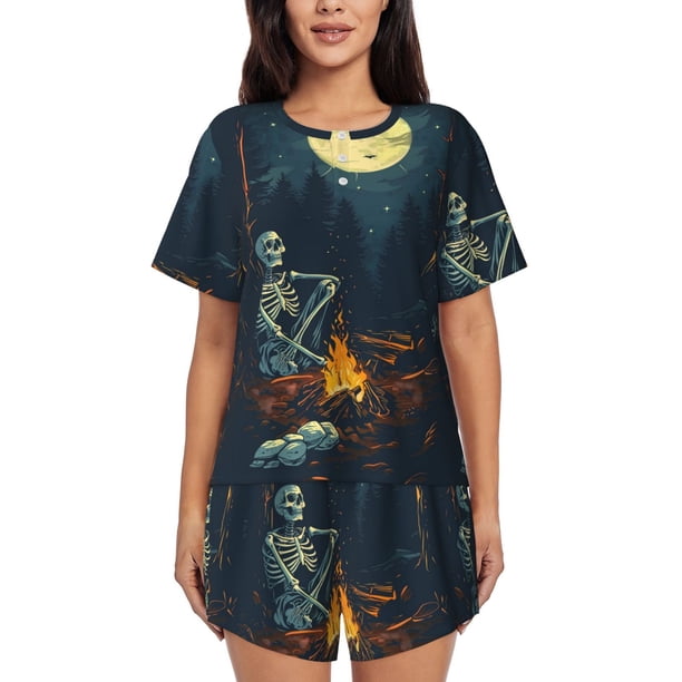 Balery Moonlit Skeleton Campfire Conjunto de Pijama para Mujer con Estampado, Dos Piezas de Manga Corta y Shorts, Ropa de Dormir Suave con Cuello Redondo y Bolsillos-X-Large