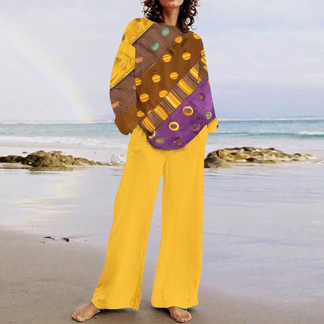 Puntoco Traje De Pantalón Y top De Cuello Redondo De Manga Larga Con Estampado Informal De Verano Para Mujer Amarillo Xxxl
