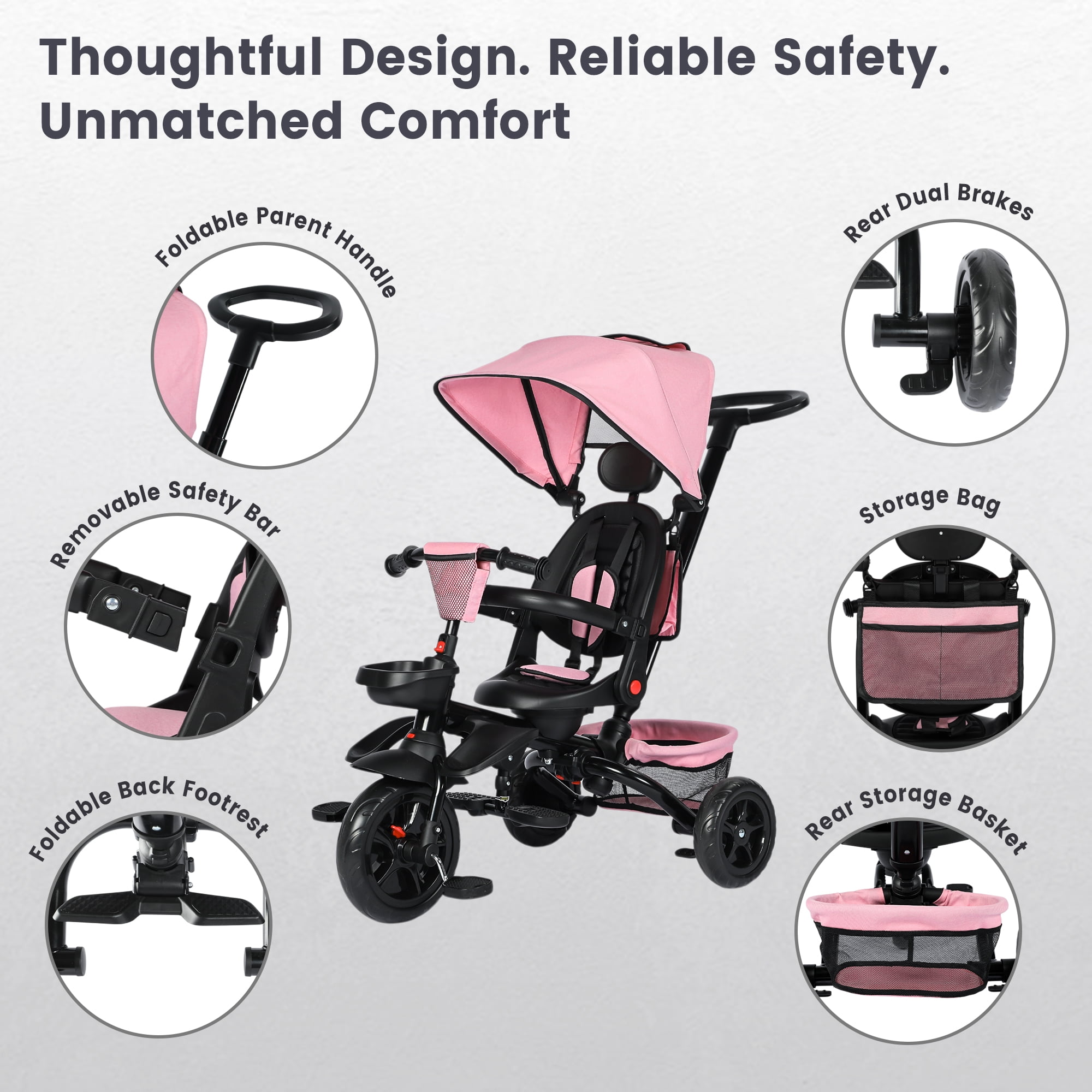 AILEEKISS Foldable Kids Tricycle with Push Handle, 7-in-1 Ride Trike for Infant 1-5 Years, Pink
