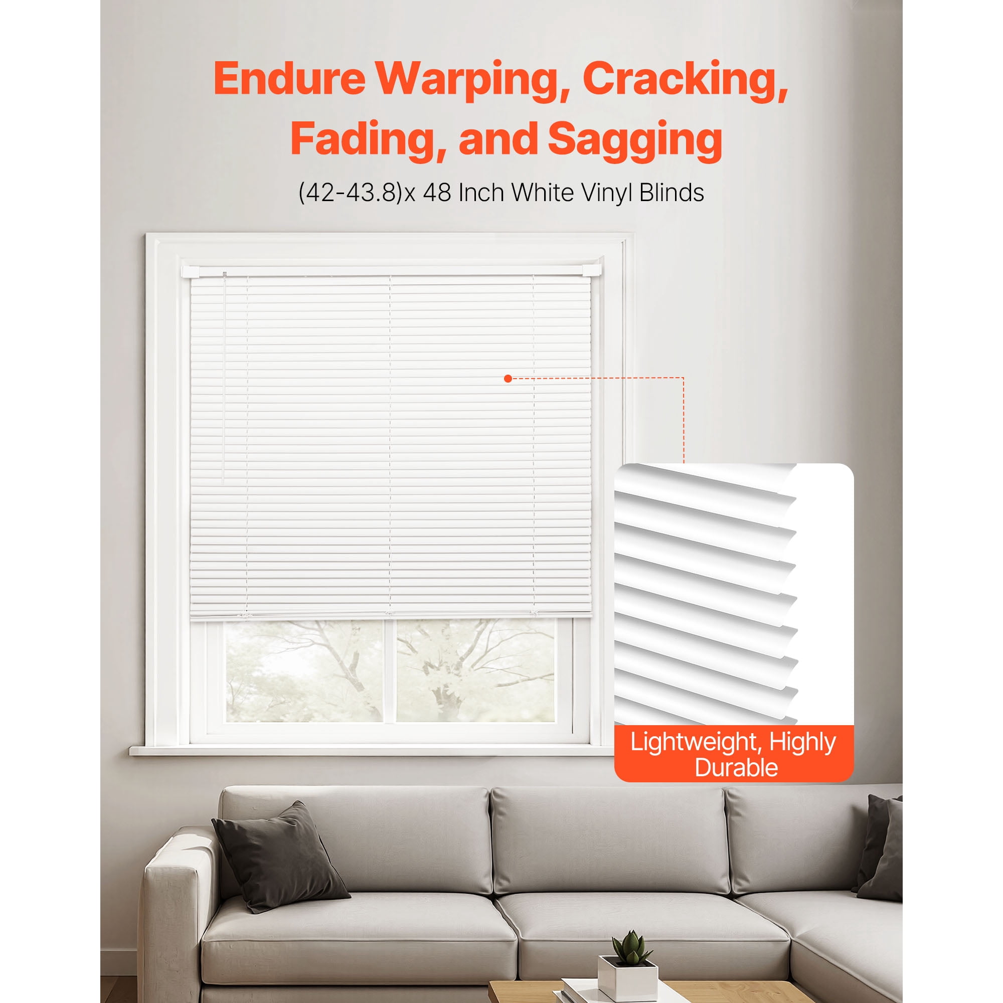 KFFKFF Cordless Mini Blinds, 43.3" W x 48" H, 1" Slats, No-Drill Horizontal Light Filtering Blinds for Indoor Windows, Adjustable and Easy to Maintain, Ideal for Home Decor and Privacy, White
