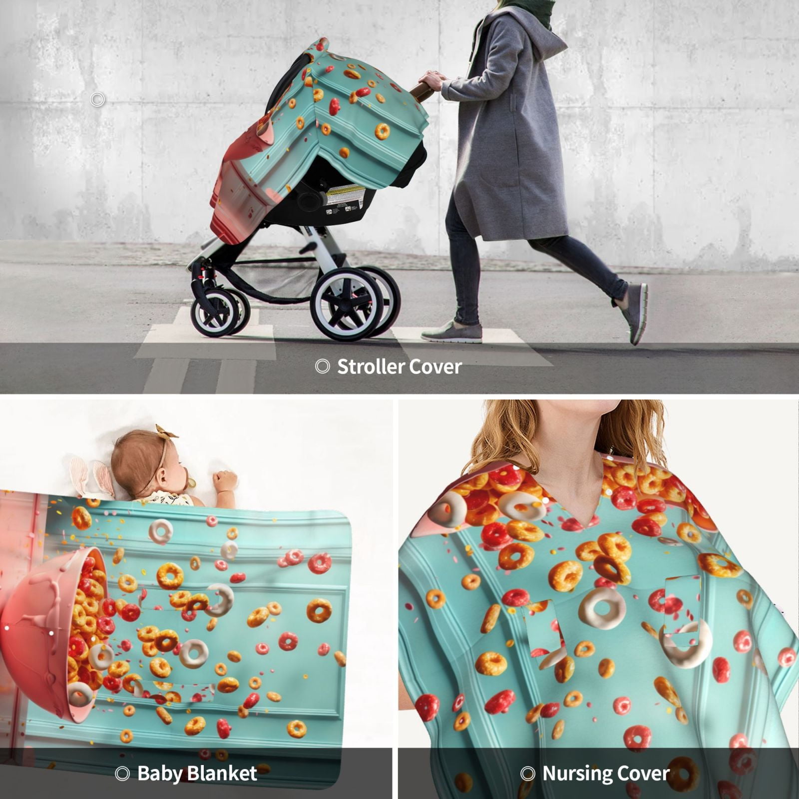 Car Seat Cover Baby - Floating Colorful Cereal Breathable Infant Car Seat Cover for Baby Carseat, Lightweight Comfort Baby Essentials Must Haves Newborn Stuff for Girl Boy