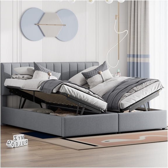 JERFIT King Size Upholstered Storage Bed with Hydraulic Lift, Gray Linen Platform Bed Frame with High Headboard