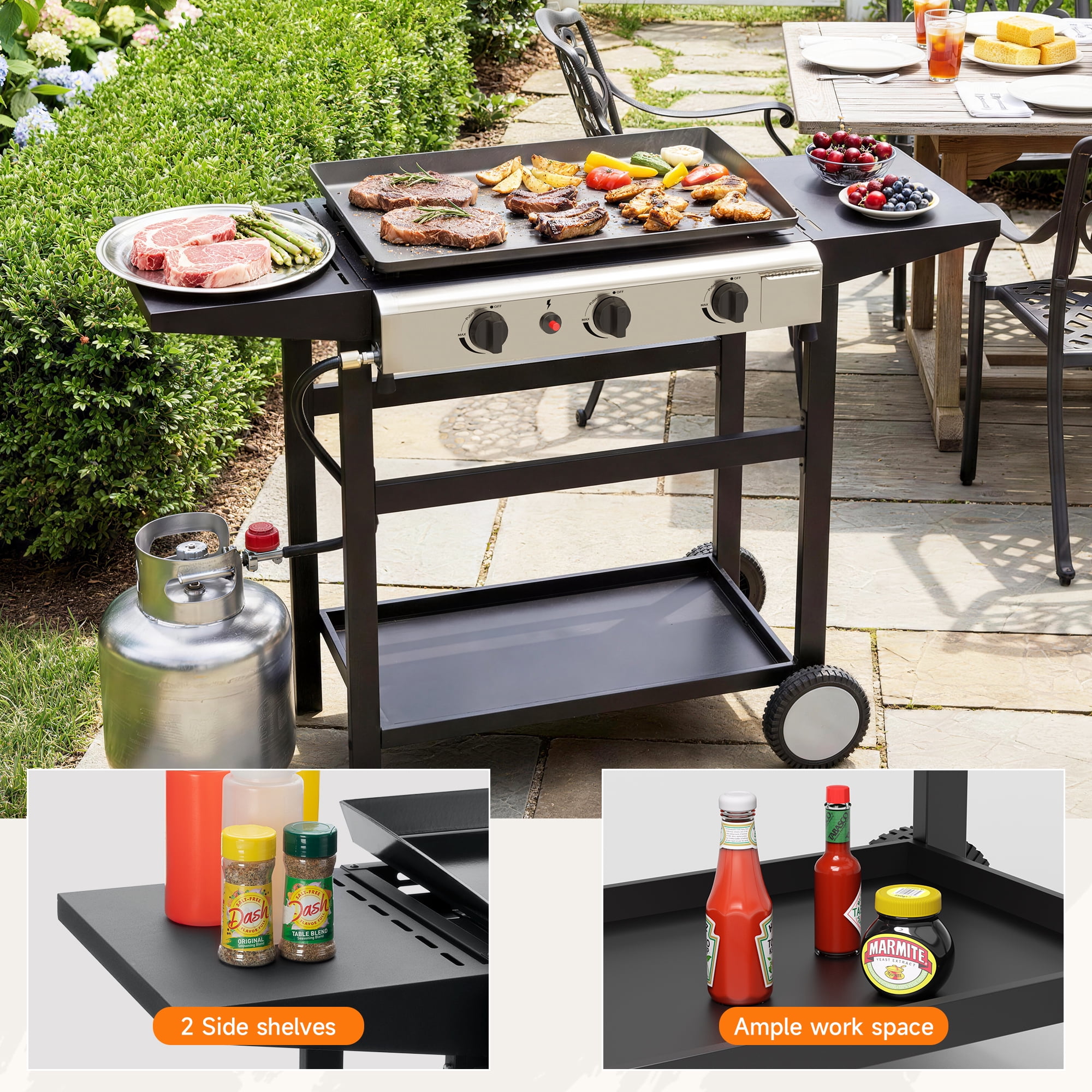 SKOK 3-Burner 23'' Propane Griddles Outdoor Flat Top Gas Grill Griddle for  Camping, Tailgating, BBQ, Parties, Backyard & Patio with 30,000 BTUs