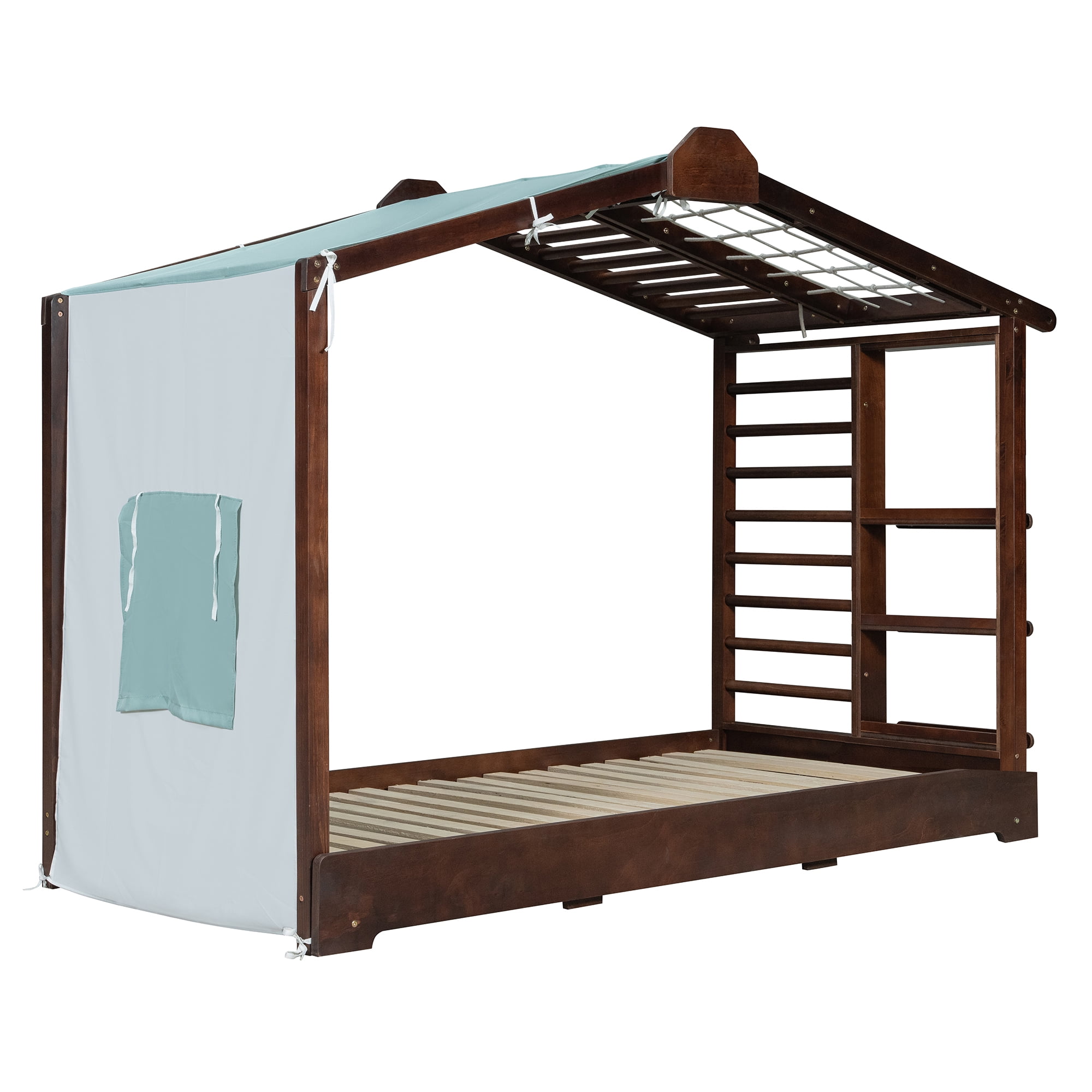 Twin Size House Bed with Twin Size Trundle and Side Shelves, Espresso