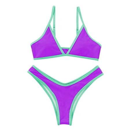 UTSJKR Womens High Waisted Bikini Sets Sporty Color Block Cheeky High Cut Swimsuits Two Piece Bathing Suit Purple L