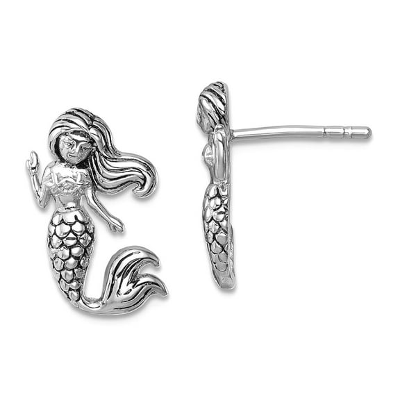 925 Sterling Silver Rhodium Plated Oxidized Mermaid Earrings 15.8x10mm Wide Stud Earring for Women