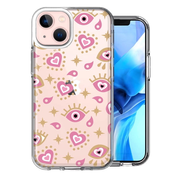MUNDAZE Case for Apple iPhone 15 Plus Hybrid Shockproof Slim Hard Soft TPU Shell Heavy Duty Protective Phone Cover - Pink Evil Eye Lucky Love Law of Attraction