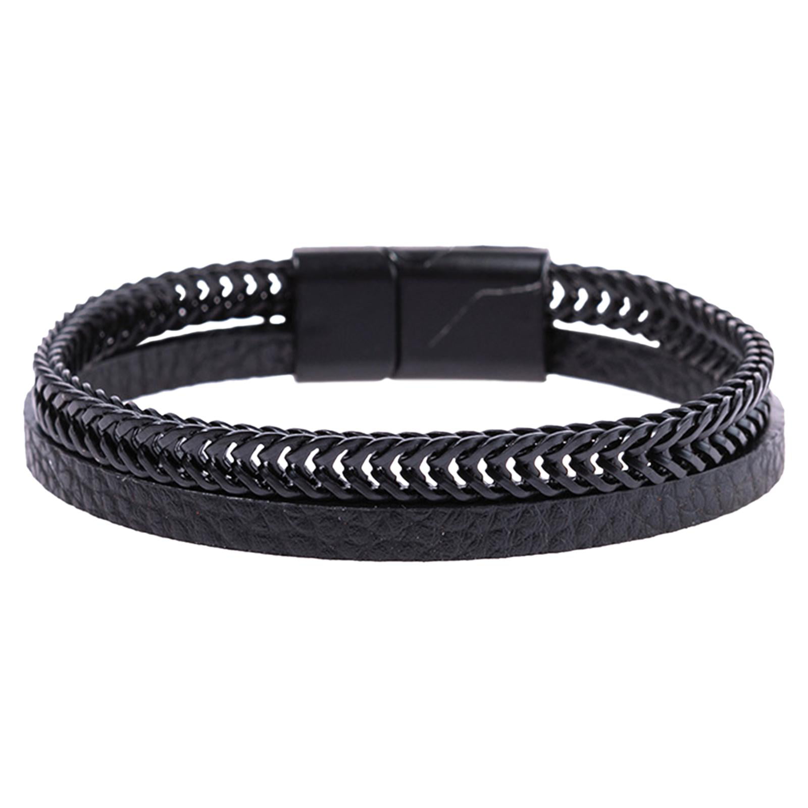 Fashion Boho Large Eye Hook Clasp Multi Strand Black Genuine Leather Bracelet for Men for Women Silver Tone Stainless