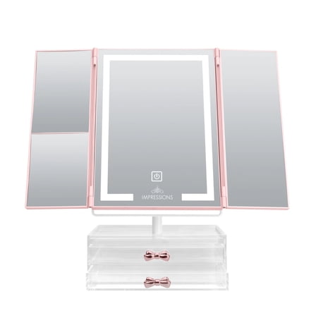 Impressions Vanity Liora Tri Tone Trifold LED Makeup Mirror with Bow Knobs 2 Organizer Drawer Base