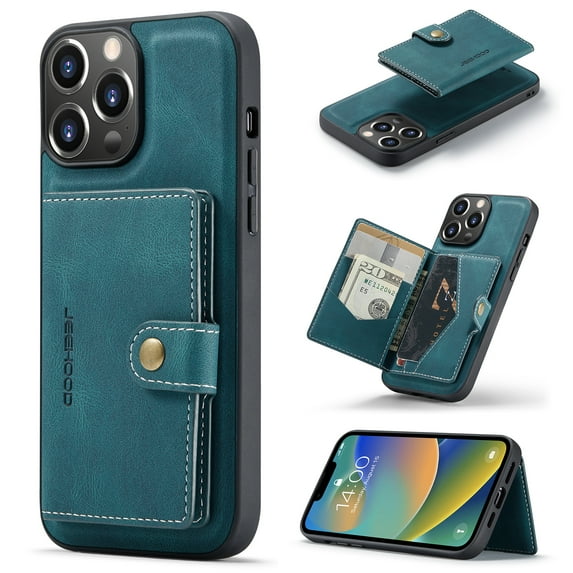 Back Wallet Case for iPhone 14 Pro with Detachable Card Slots Holder Magnetic Closure Cover, Premium PU Leather Slim Kickstand Soft Silicone Shockproof Lens Protective Case,Blue