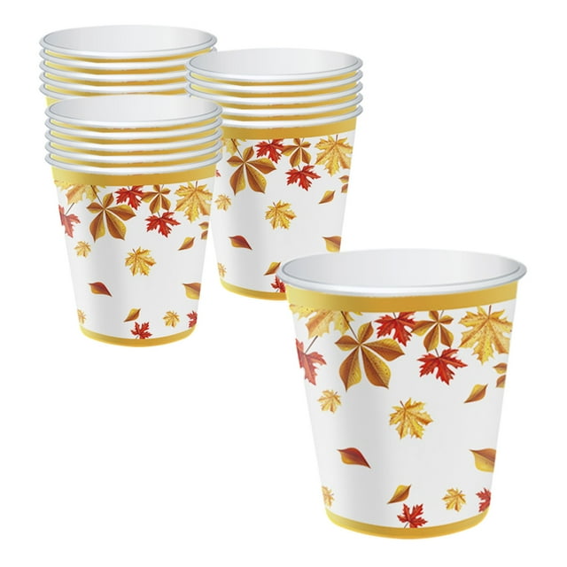 SLYNSHome 16 Pcs Gobelet en Papier d'Automne Fournitures de Fête Gobelets Feuilles d'Érable Automne Action de Grâce Récolte Verre Jetable pour Boissons Café Thé