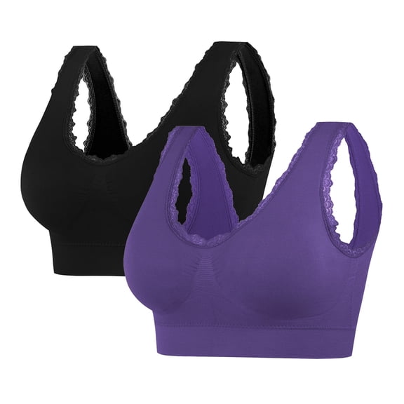 SELONE 2 Pack Padded Sports Bras for Women Lace Wireless Seanless Lightly Padded Bra T-Shirt Bralettes Soft Underwear
