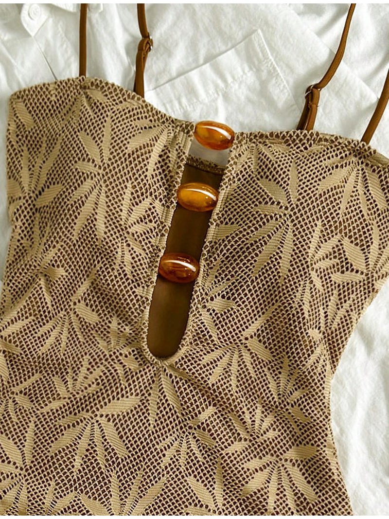 Button 1 Hind Women's Leaf Print One-Piece Swimsuit with Front Button Detail ...