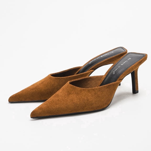 On feet& in love Women's Pointed Toe Suede Mule Heels - Slip-On Stilettos for Office & Party - Size 5.5