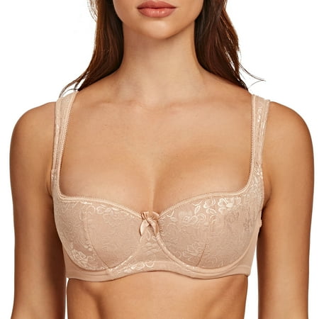 MELENECA Balconette Underwire Sexy Lace Bra for Women Beige 42D
