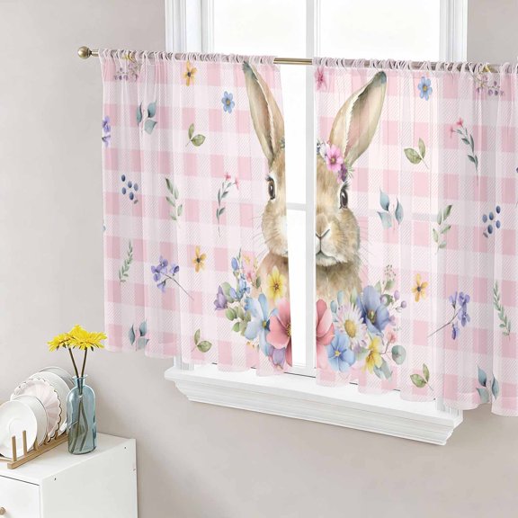 Bunny Easter Sheer Curtains 45 Inch Length 2 Panels Set Window Treatments, Pink Plaid Spring Floral Pastoral Rod Pocket Semi Curtains for Living Room/Bedroom/Kitchen Décor, 104"W x 45"L
