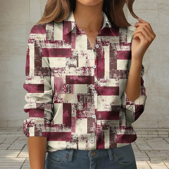 FNFYFH Womens Botton Down Shirt Long Sleeve Vintage Graphic Shirts Wrinkle Free Collared Blouses Casual Office Work Tops