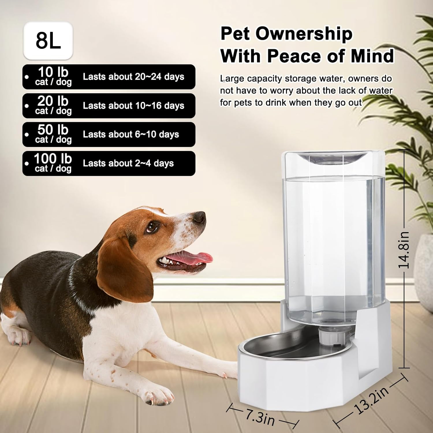 Automatic Pet Water Dispenser: 8L White Gravity Stainless Steel Water Bowl - with Specialized Brush - Angular Water Feeder for Senior Pet Dogs with Neck Pain Relief in Living Room Bedroom